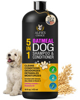 ALFIE'S CHOICE oatmeal dog shampoo bottle for gentle cleansing and hydration.
