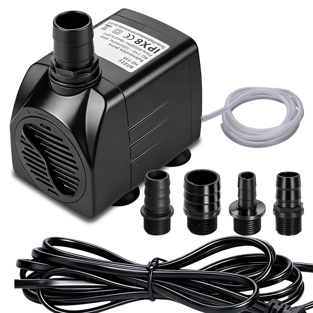 Alizzy 400GPH submersible pump body shows compact design for easy placement.