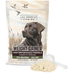 All American Canine Weight Gainer tub front promotes healthy weight gain for dogs.