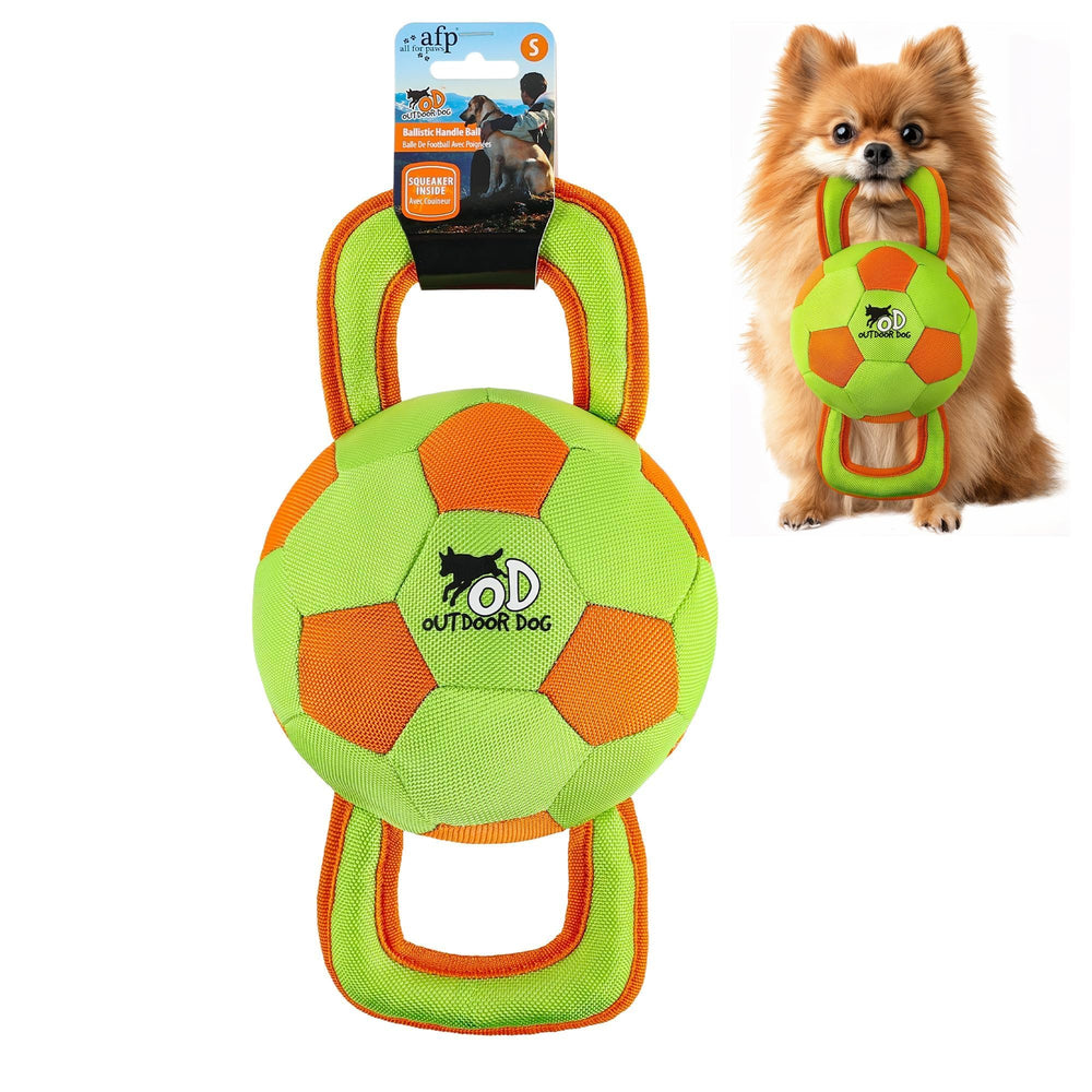 ALL FOR PAWS dog ball with handles for easy grip during interactive play.