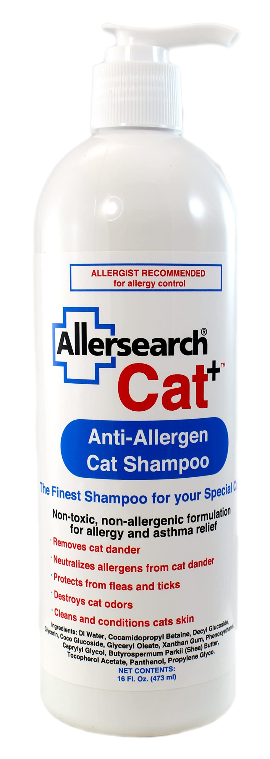 Allersearch Cat+ Anti-Allergen Shampoo bottle label with dander removal emphasis.