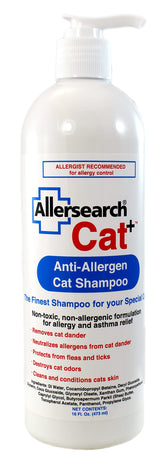 Allersearch Cat+ Anti-Allergen Shampoo bottle label with dander removal emphasis.