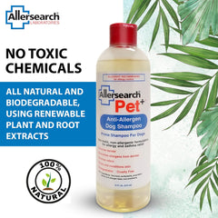 Allersearch Pet+ Shampoo lather on a dog promotes gentle cleansing.
