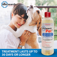 Label highlights tea tree oil extract in Allersearch Pet+ Shampoo.
