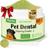 Aloevia dog teeth cleaning powder tub showing a 90-day supply for all breeds.