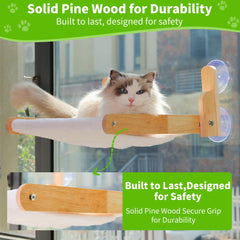 Aloxina cat window perch side view shows sturdy wooden frame.