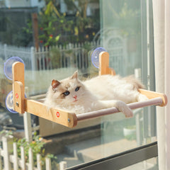 Aloxina cat window perch on wooden frame, ideal for sunbathing and birdwatching