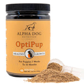 Alpha Dog Nutrition OptiPup bottle label highlighting 31 superfoods for healthy puppy development.