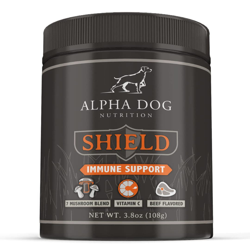 Alpha Dog Nutrition Shield Allergy bottle closeup shows seven-mushroom blend for immune support
