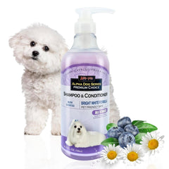 Alpha Dog Series Bright White Shampoo bottle highlighting whitening formula for brighter coat