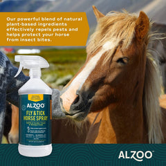 ALZOO plant-based spray mist repels flies and ticks on horses.