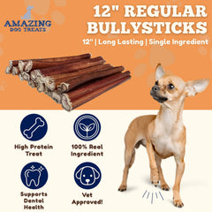Amazing Dog Treats 12-inch bully stick close-up showing texture for satisfying chewing sessions.