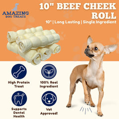 Amazing Dog Treats Beef Cheek Rolls closeup highlighting natural protein