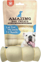 Amazing Dog Treats Beef Cheek Rolls packaging shows long lasting chews for power chewers.