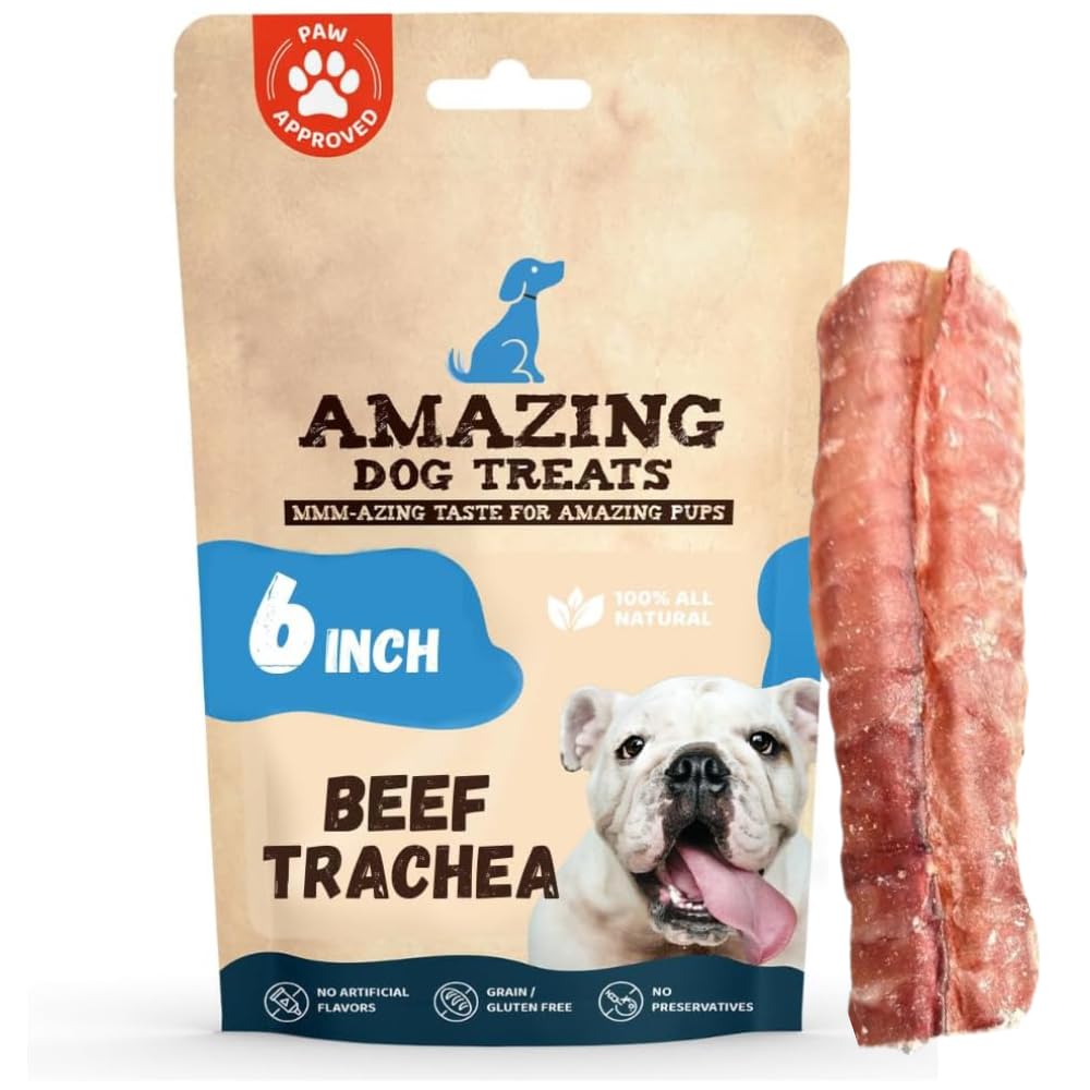 Amazing Dog Treats beef trachea 6-inch chews for dogs promote dental health and mindful chewing.