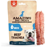 Amazing Dog Treats beef trachea 6-inch chews for dogs promote dental health and mindful chewing.