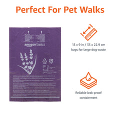 Amazon Basics 13x9 inch dog waste bags offering generous coverage and leak protection.