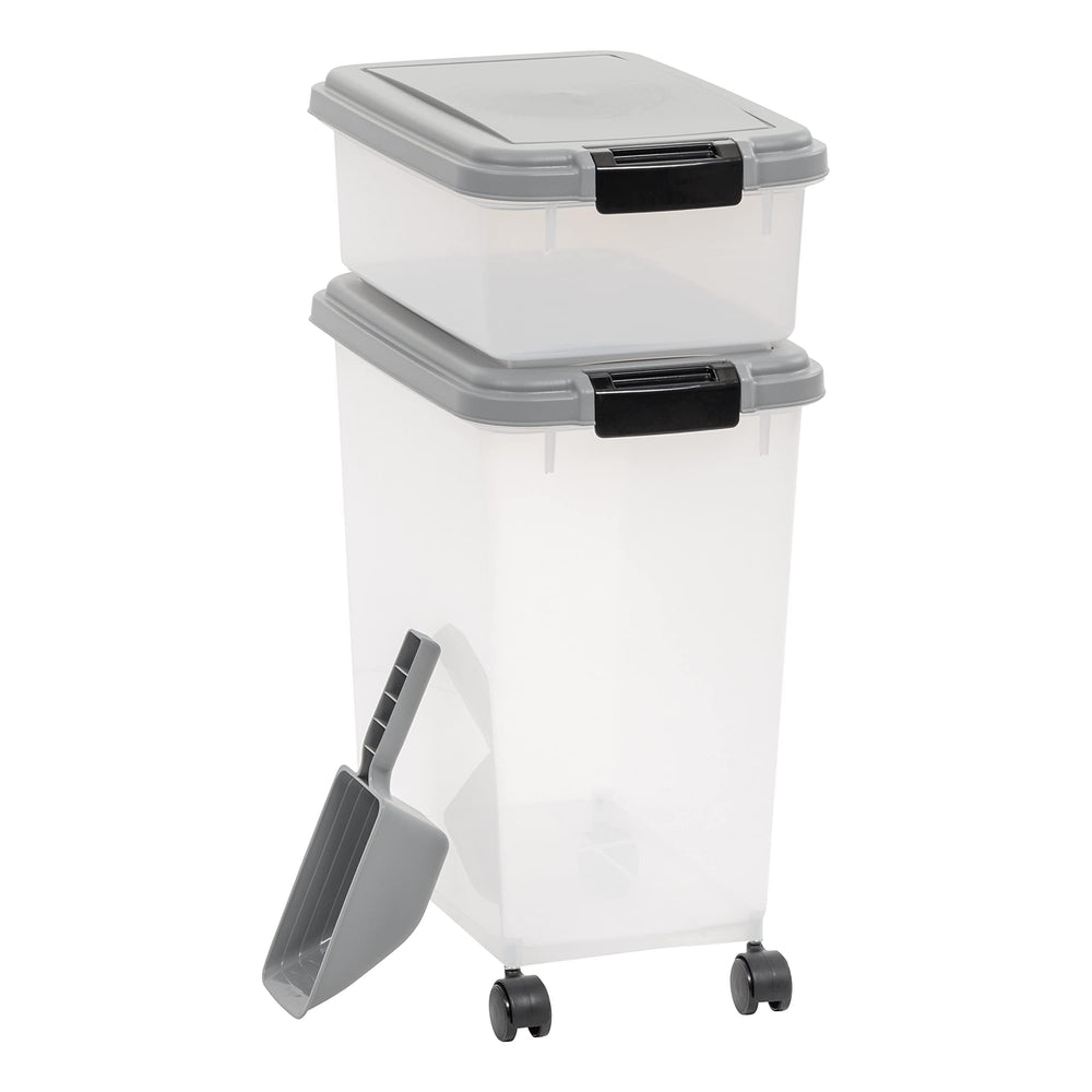 Amazon Basics 33qt container with airtight lid for dry pet food freshness.