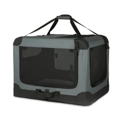Amazon Basics 4-Door Folding Dog Crate, front view for travel comfort.