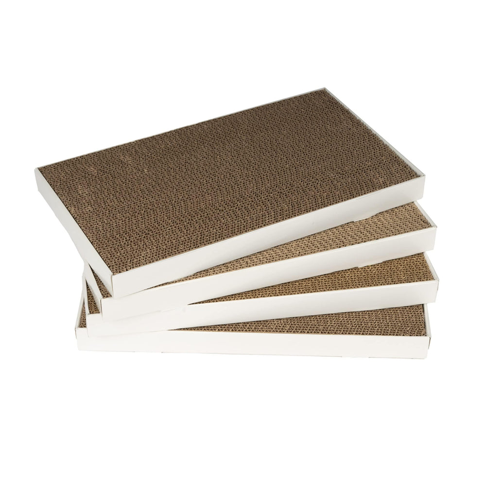 Amazon Basics cat scratcher 4-pack white rectangles provide durable scratching surfaces for cats.