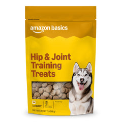 Amazon Basics chicken flavor hip and joint treats front bag for easy training rewards.