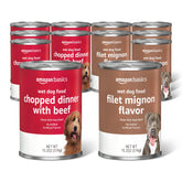 Amazon Basics chopped ground dinner dog food variety pack in cans for daily meals.