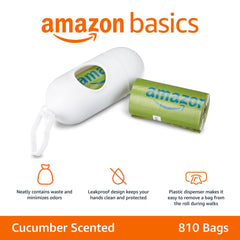 Amazon Basics cucumber-scented poop bags roll with clip for convenient leash attachment.