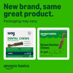 Amazon Basics unflavored 24-count packaging shown for large dogs.
