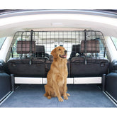 Amazon Basics dog car barrier shown with adjustable side panels for a snug fit