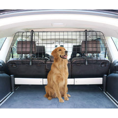 Amazon Basics dog car barrier shown with adjustable side panels for a snug fit