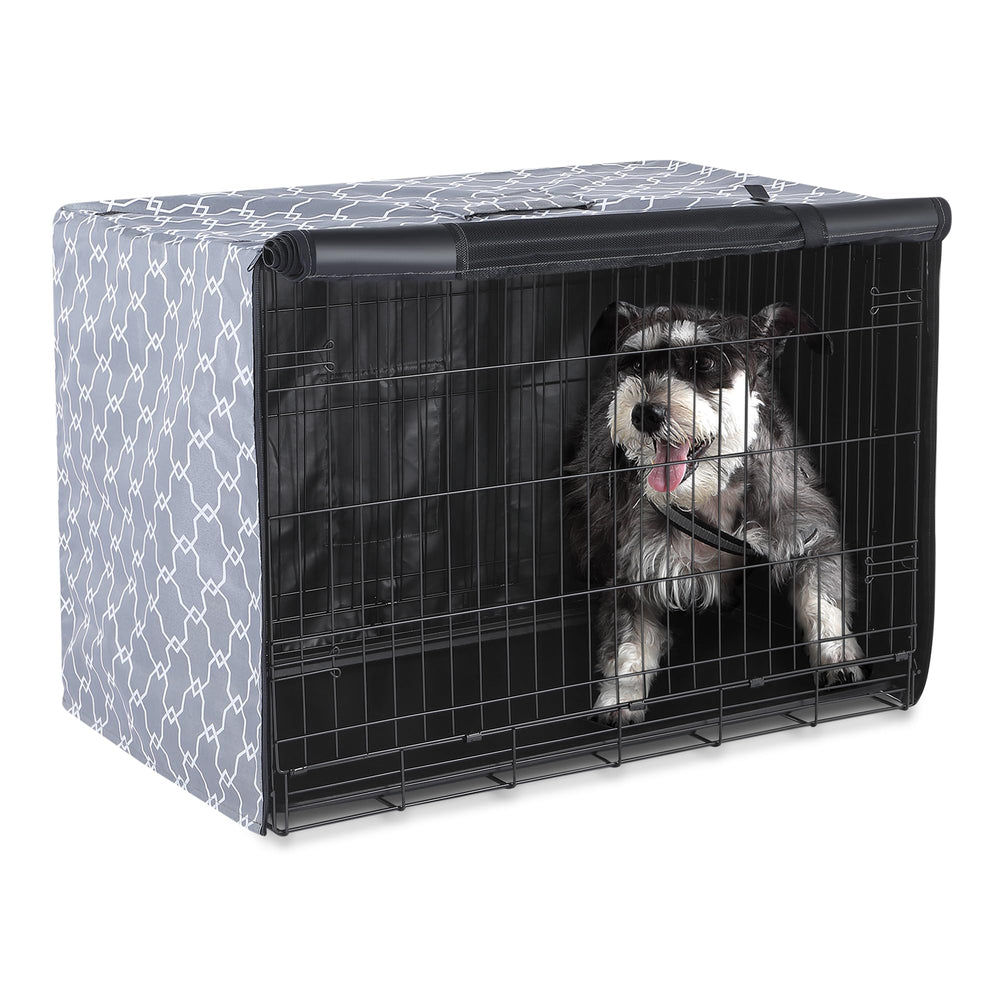 Amazon Basics dog crate cover on a 36-inch crate providing den-like privacy