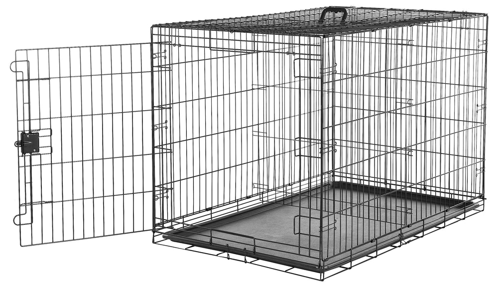 Amazon Basics dog crate door access shows secure containment and quick setup for large dogs.