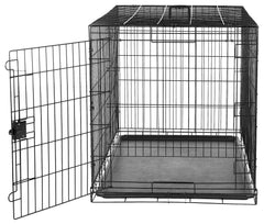 Amazon Basics dog crate folded for compact storage and effortless travel.
