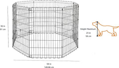 Amazon Basics dog playpen outdoors secured with ground anchors.