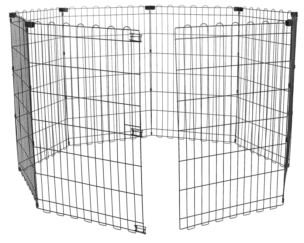 Amazon Basics foldable dog playpen panels connected for versatile play space.