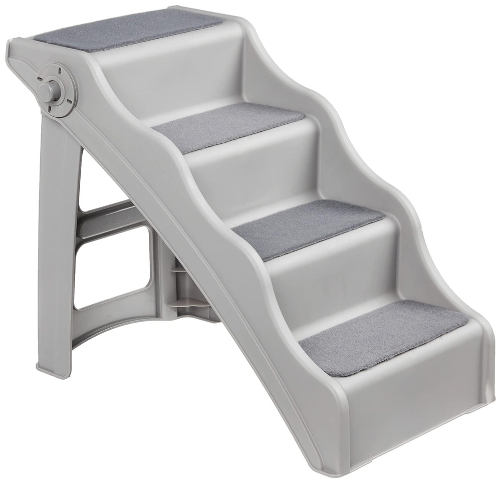 Amazon Basics foldable non-slip pet stairs in grey help small dogs reach beds safely.