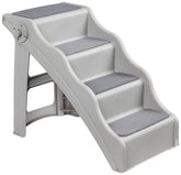 Amazon Basics foldable non-slip pet stairs in grey help small dogs reach beds safely.