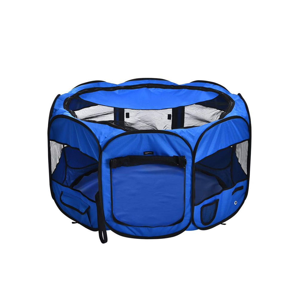 Amazon Basics foldable octagonal playpen with mesh top for indoor or outdoor use.