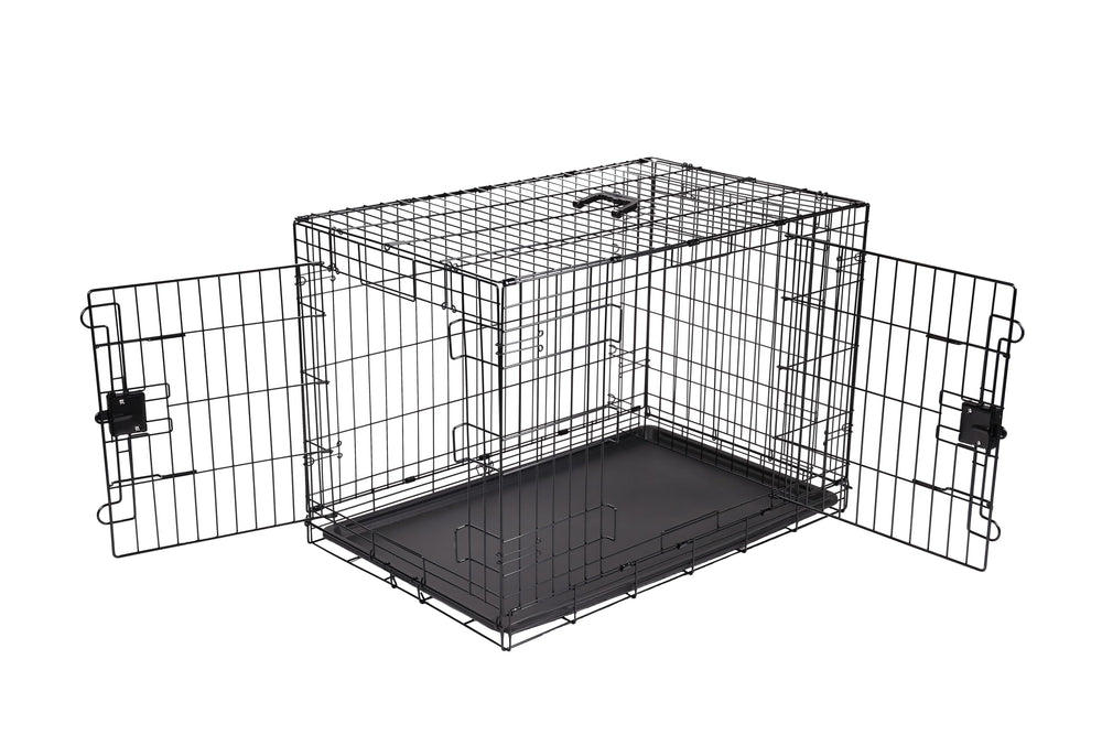 Amazon Basics foldable dog crate front view with secure latch for safe containment.