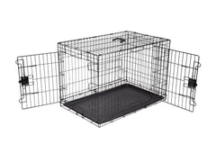 Amazon Basics foldable dog crate front view with secure latch for safe containment.