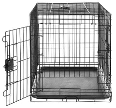 Amazon Basics foldable dog crate with open doors for dual-entry convenience.