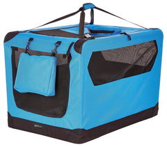Amazon Basics blue folding soft pet crate with top and front openings for easy access.