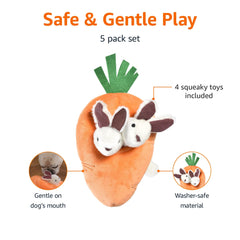 Amazon Basics carrot plush squeaker for fetch and playtime.
