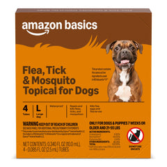 Amazon Basics large dog topical 4-dose pack shown for convenient monthly protection.