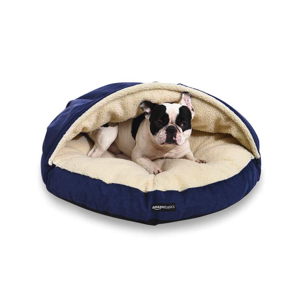 Amazon Basics pet cave bed blue front view shows cozy burrow-ready design.