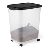 Amazon Basics pet food container with rolling wheels for easy mobility.