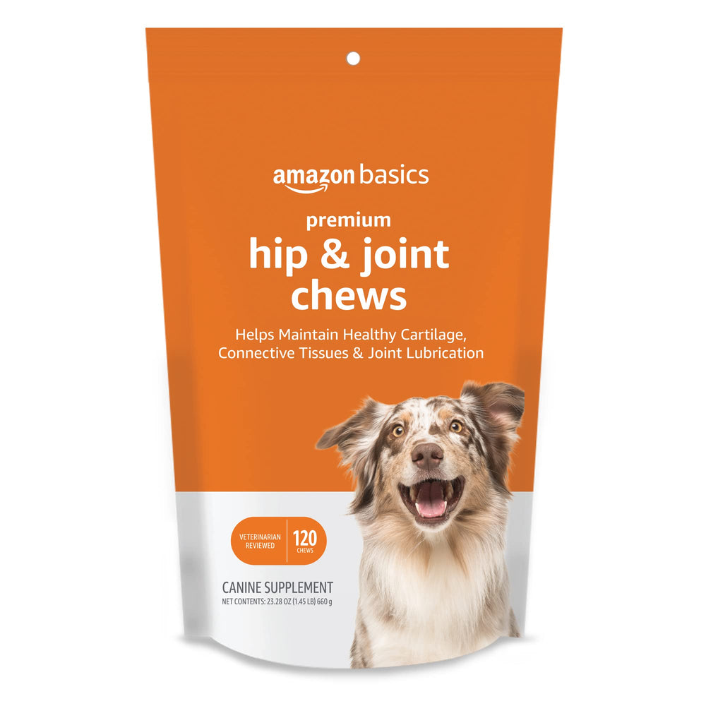 Amazon Basics Premium Dog Hip & Joint Chews bag front view for everyday use.