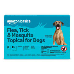 Amazon Basics topical bottle applied to a large dog for flea protection.