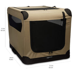 Amazon Basics tan travel kennel with mesh ventilation for comfort and airflow