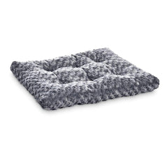 Amazon Basics washable pet bed crate pad in gray, measuring 46 by 29 inches.